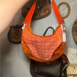 Orange coach vintage mini shoulder Women's Bag with white leather strap